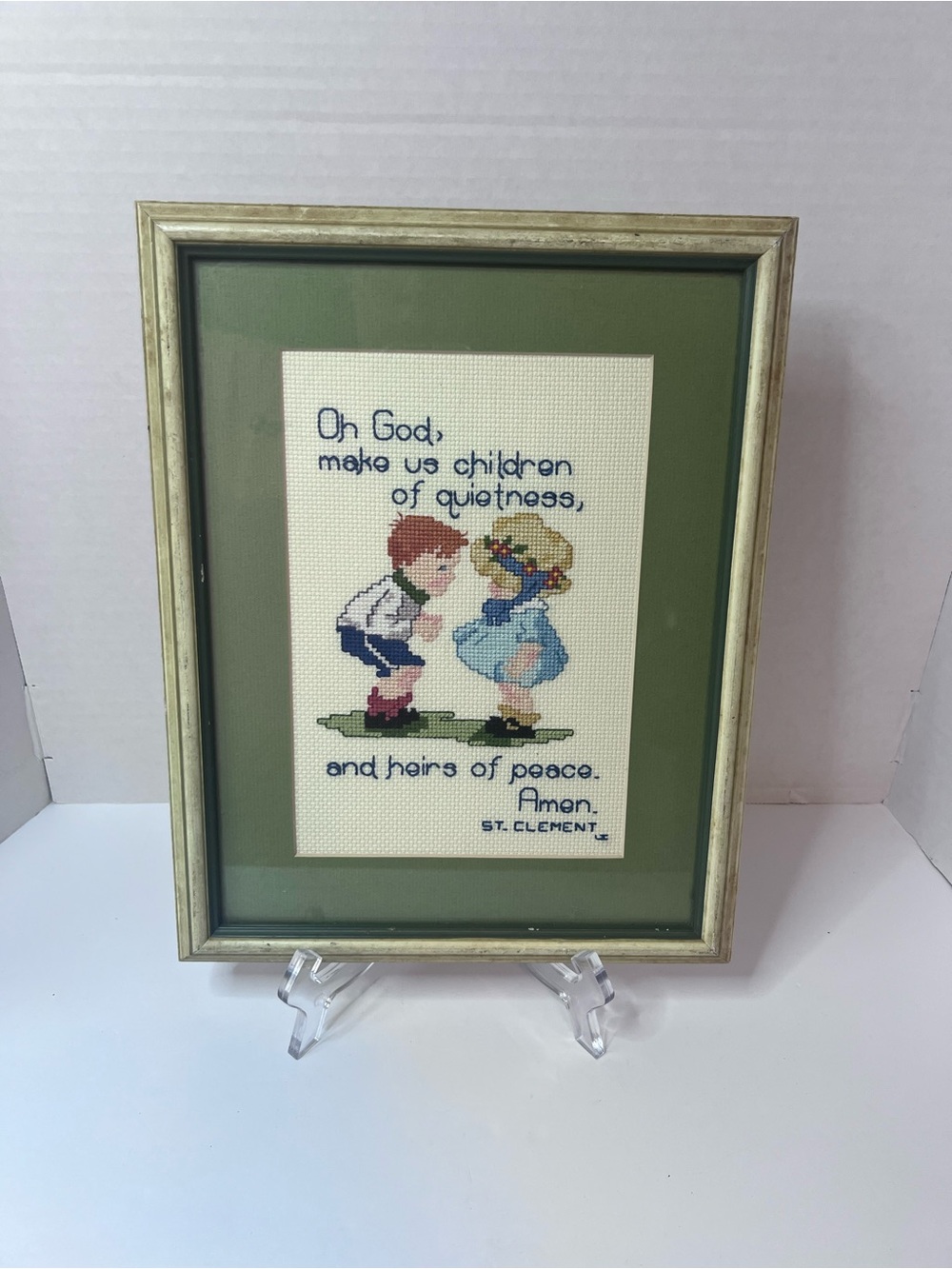 Vintage Cross Stitch Embroidery Framed 10 x 12.5 Inspirational Prayer St Clement